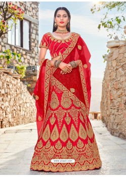 Red Satin Silk Embroidered Lehenga Choli