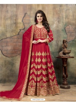 Wine Faux Georgette Embroidered Floor Length Suit