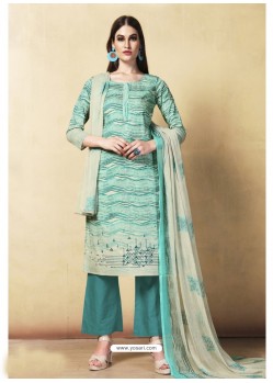 Teal Cambric Cotton Embroidered Suit