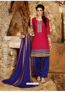 Red And Blue Cotton Punjabi Patiala Suit