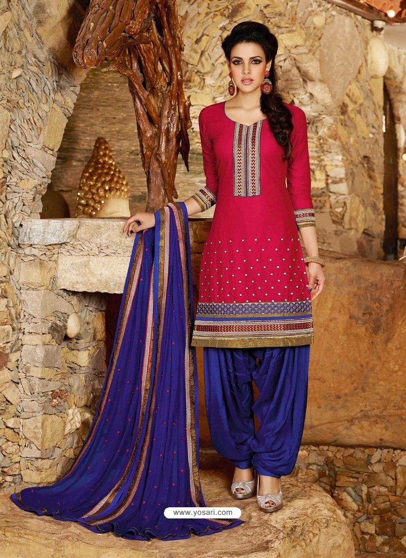 Red And Blue Cotton Punjabi Patiala Suit