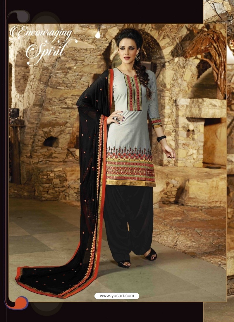 Grey And Black Cotton Punjabi Patiala Suit