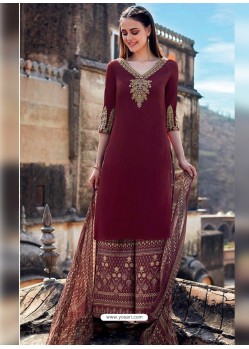 Maroon Pure Cotton Embroidered Palazzo Suit