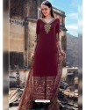 Maroon Pure Cotton Embroidered Palazzo Suit