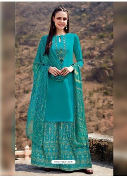 Turquoise Pure Cotton Embroidered Palazzo Suit