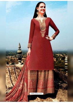 Wine Pure Cotton Embroidered Palazzo Suit