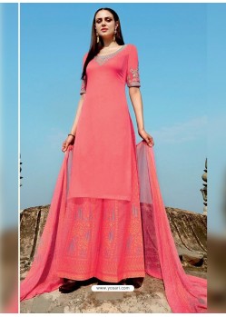 Peach Pure Cotton Embroidered Palazzo Suit