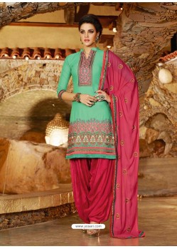 Green And Pink Cotton Punjabi Patiala Suit