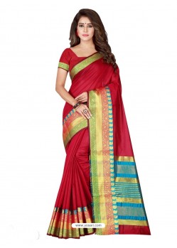 Crimson Cotton Silk Jacquard Border Saree