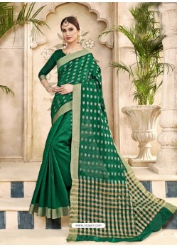 Dark Green Cotton Silk Party Wear Saree