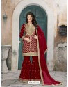 Wine Art Silk Embroidered Palazzo Suit