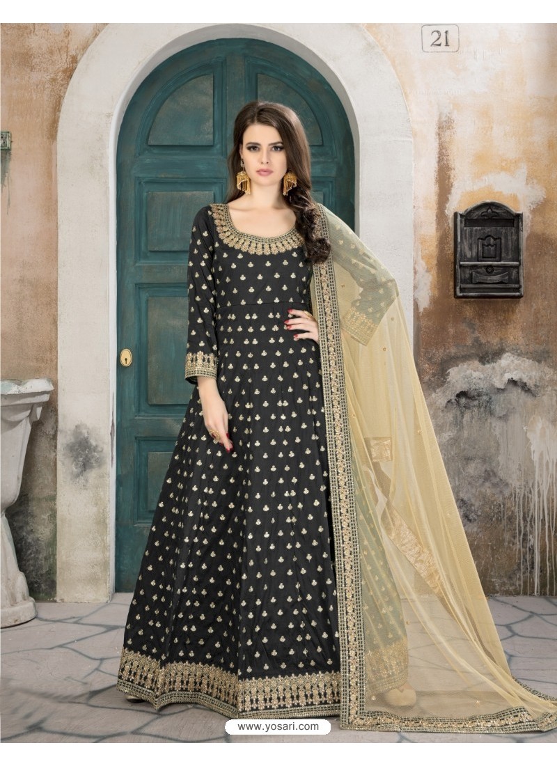 Buy Carbon Taffeta Silk Embroidered Floor Length Suit | Anarkali Suits