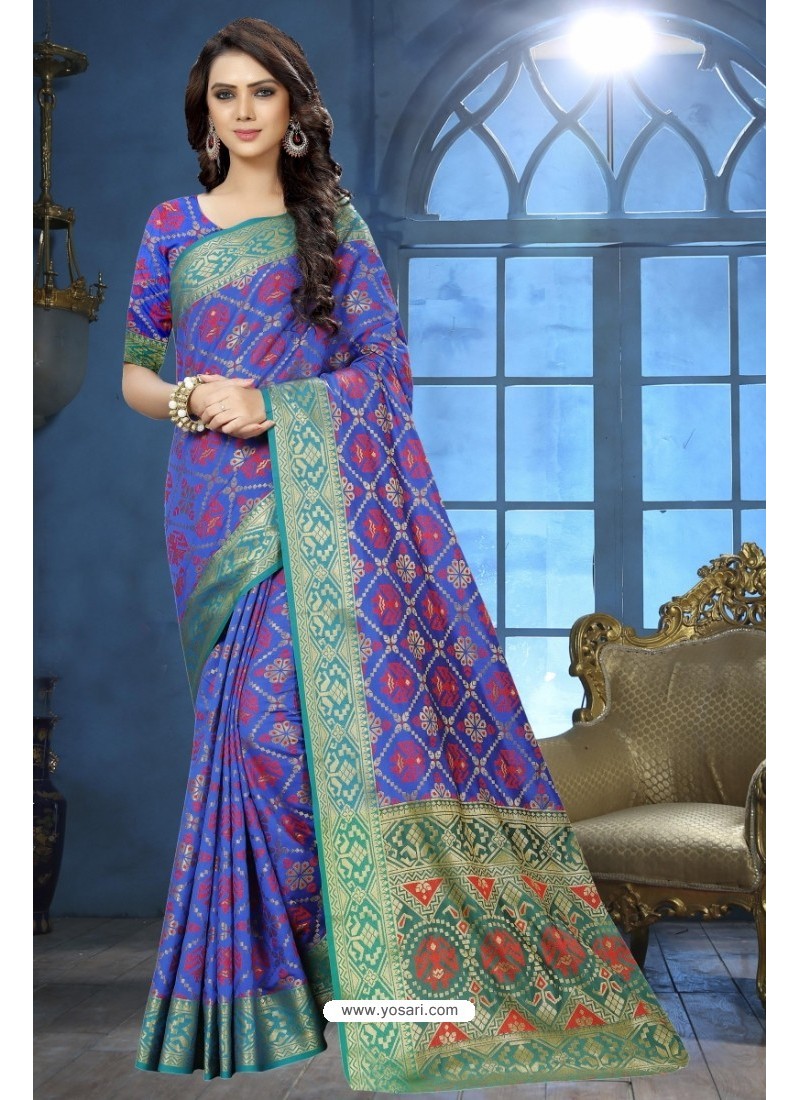 Buy Royal Blue Patola Jacquard Silk Saree | Party Wear Sarees