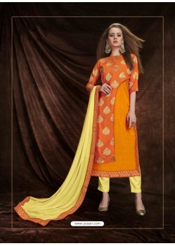 Orange Banarasi Silk Jacquard Embroidered Suit