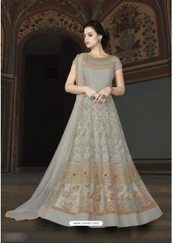 Silver Net Embroidered Floor Length Suit