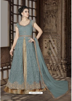 Turquoise Net Embroidered Floor Length Suit