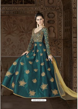 Teal Art Silk Embroidered Floor Length Suit