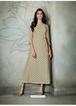 Pretty Taupe Cotton Embroidered Kurti