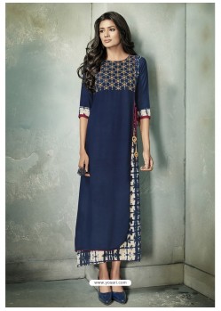 Graceful Navy Blue Cotton Party Wear Kurti