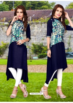 Blue Rayon Slub Cotton Party Wear Kurti