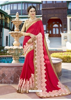 Fashionable Crimson Embroidered Saree