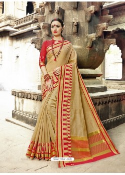 Beige Cotton Silk Jacquard Border Saree