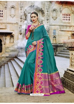 Eye Catching Teal Cotton Silk Jacquard Border Saree