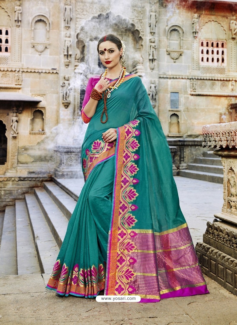 Buy Eye Catching Teal Cotton Silk Jacquard Border Saree Designer Sarees