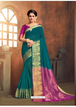 Phenomenal Teal Cotton Saree