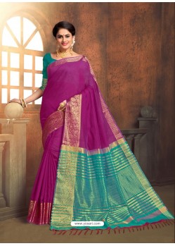 Fabulous Purple Cotton Silk Party Wear Saree