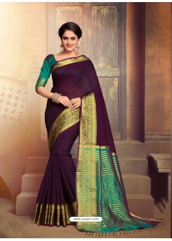 Perfect Purple Cotton Silk Party Wear Saree