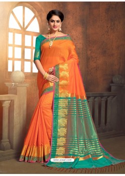 Astonishing Orange Cotton Silk Party Wear Saree