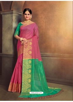 Astounding Pink Cotton Silk Party Wear Saree