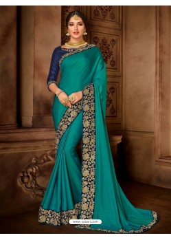 Attractive Teal Silk Designer Saree