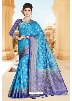 Eye Catching Blue Art Silk Tussar Designer Saree