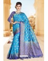 Eye Catching Blue Art Silk Tussar Designer Saree