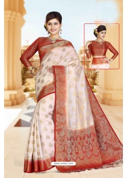 White Art Silk Tussar Zari Work Designer Saree