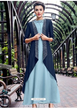 Exclusive Sky Blue Embroidered Georgette Long Kurti