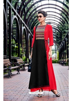 Red Embroidered Georgette Readymade Long Kurti