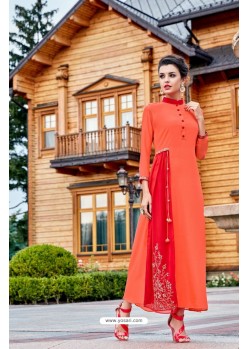 Orange Embroidered Georgette Readymade Long Kurti