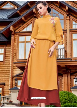 Yellow Embroidered Georgette Readymade Long Kurti