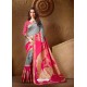 Excellent Pink and Grey Jacquard Cotton Silk Saree