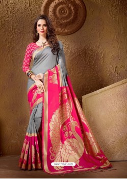 Excellent Pink and Grey Jacquard Cotton Silk Saree