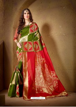 Fashionable Red and Green Jacquard Designer Cotton Silk Saree