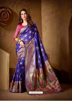 Awesome Blue Jacquard Designer Cotton Silk Saree