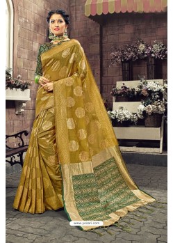 Adorable Olive Green Heavy Designer Linen Silk Embellished Saree