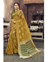 Adorable Olive Green Heavy Designer Linen Silk Embellished Saree