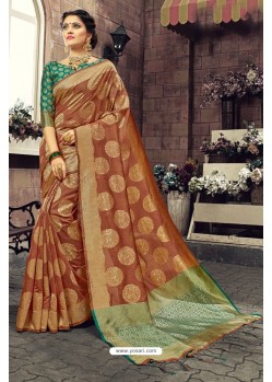 Remarkable Rust Jacquard Designer Linen Silk Embellished Saree