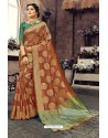 Remarkable Rust Jacquard Designer Linen Silk Embellished Saree