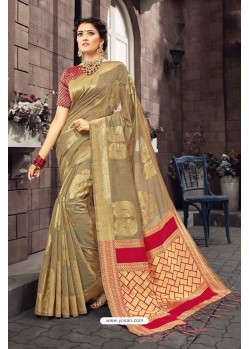 Spectacular Gold Heavy Designer Linen Silk Embellished Saree